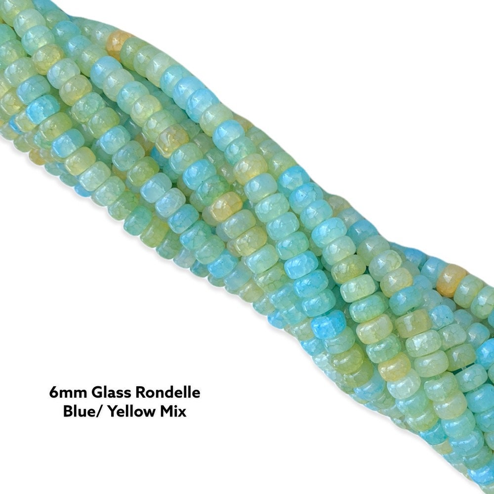 6mm Glass Rondelle beads, Blue/ Yellow Mix beads strand, spring Easter –  Casually Creative